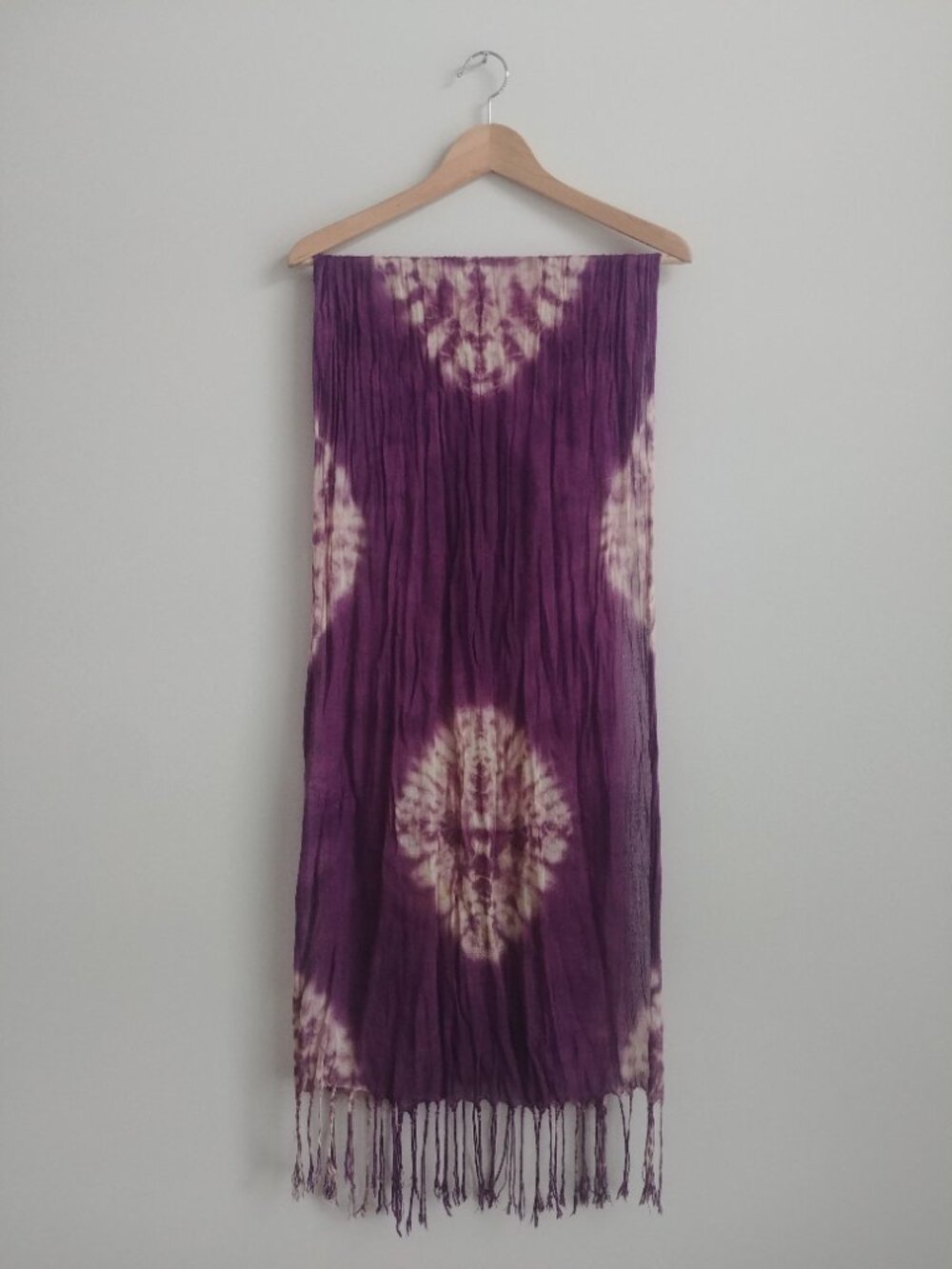 100% cotton soft purple tie dye large rectangle scarf with fringe